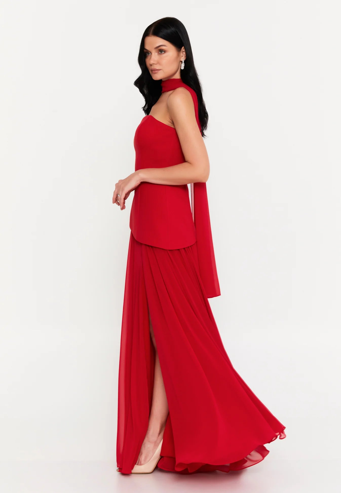 Red Cape Scarf Strapless Dress with Side Slit
