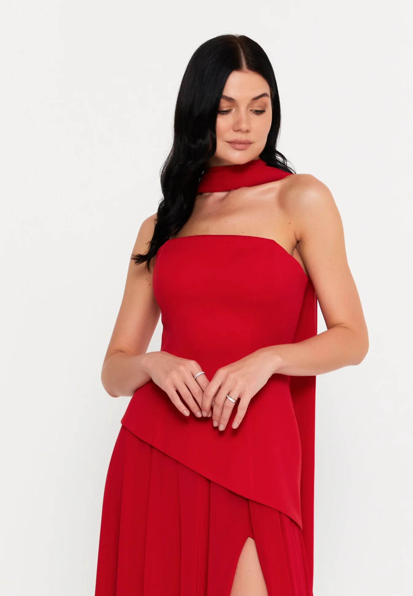 Red Cape Scarf Strapless Dress with Side Slit
