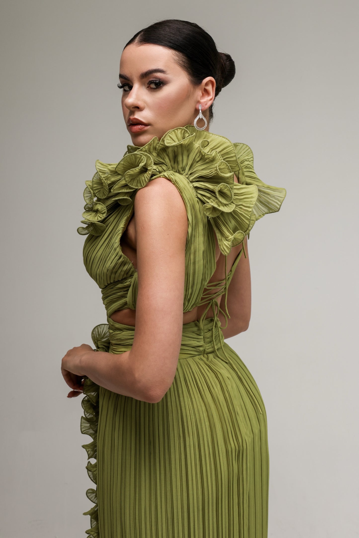 Pistachio Crepe Chiffon Dress with All-Over Ruffles and Front Slits