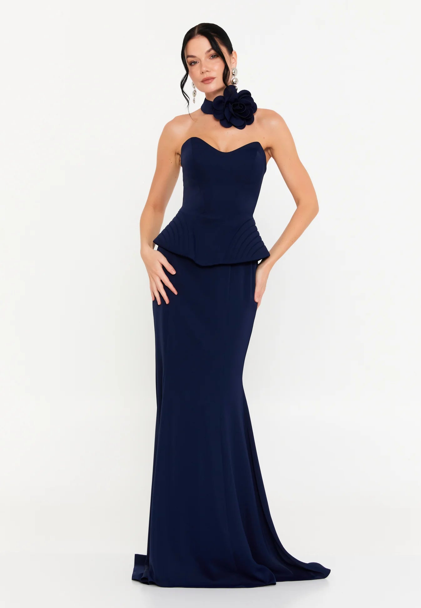 Long navy strapless evening dress with neck flower and waist ruffle