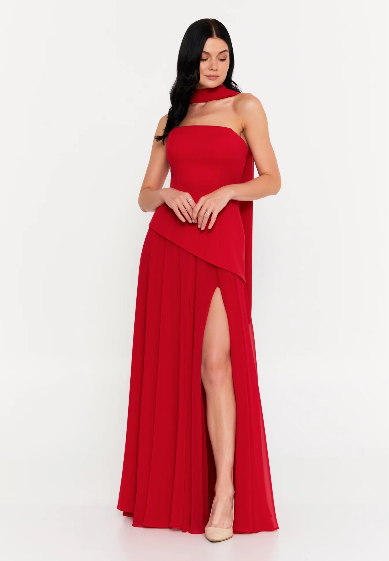 Red Cape Scarf Strapless Dress with Side Slit