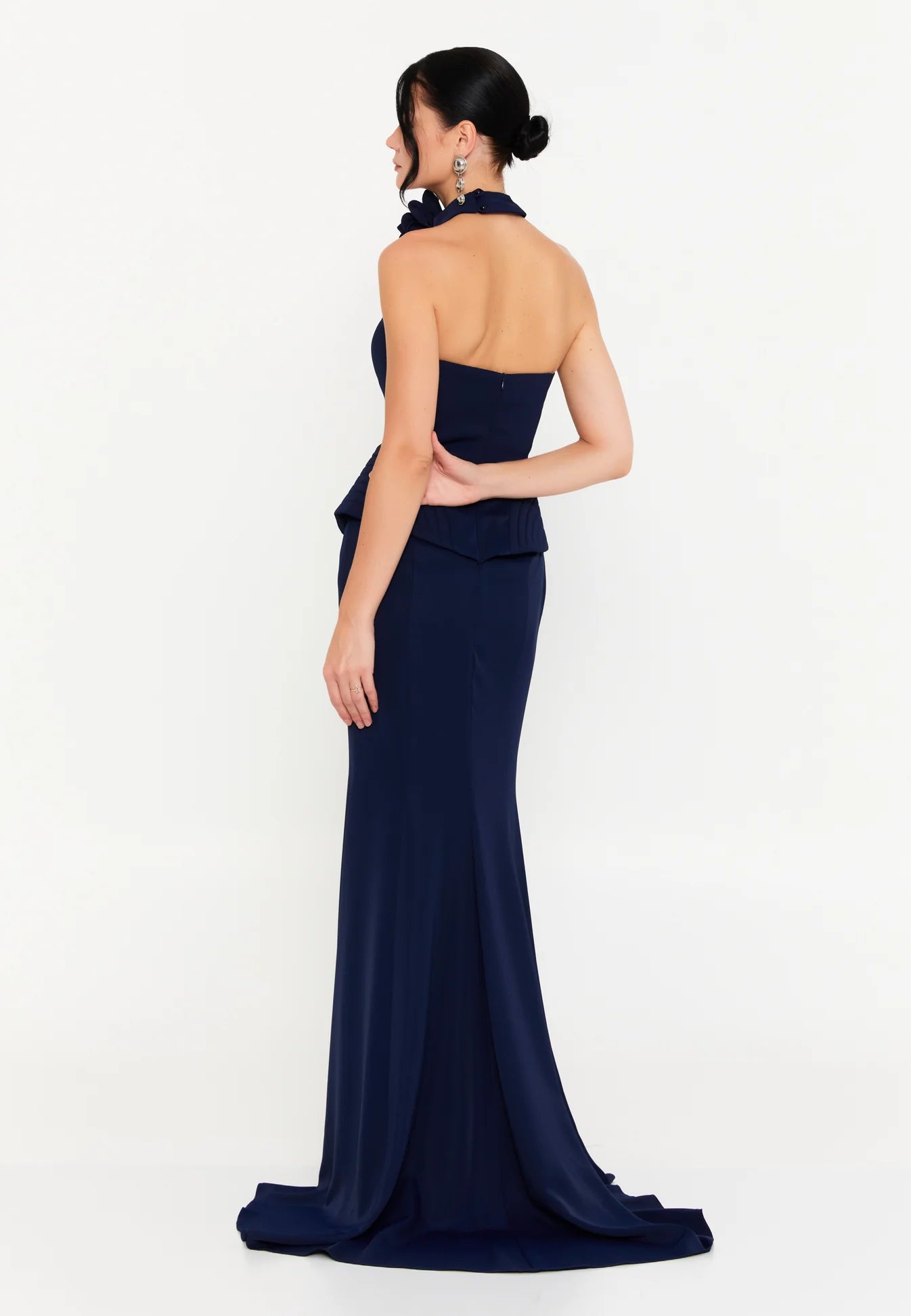 Long navy strapless evening dress with neck flower and waist ruffle