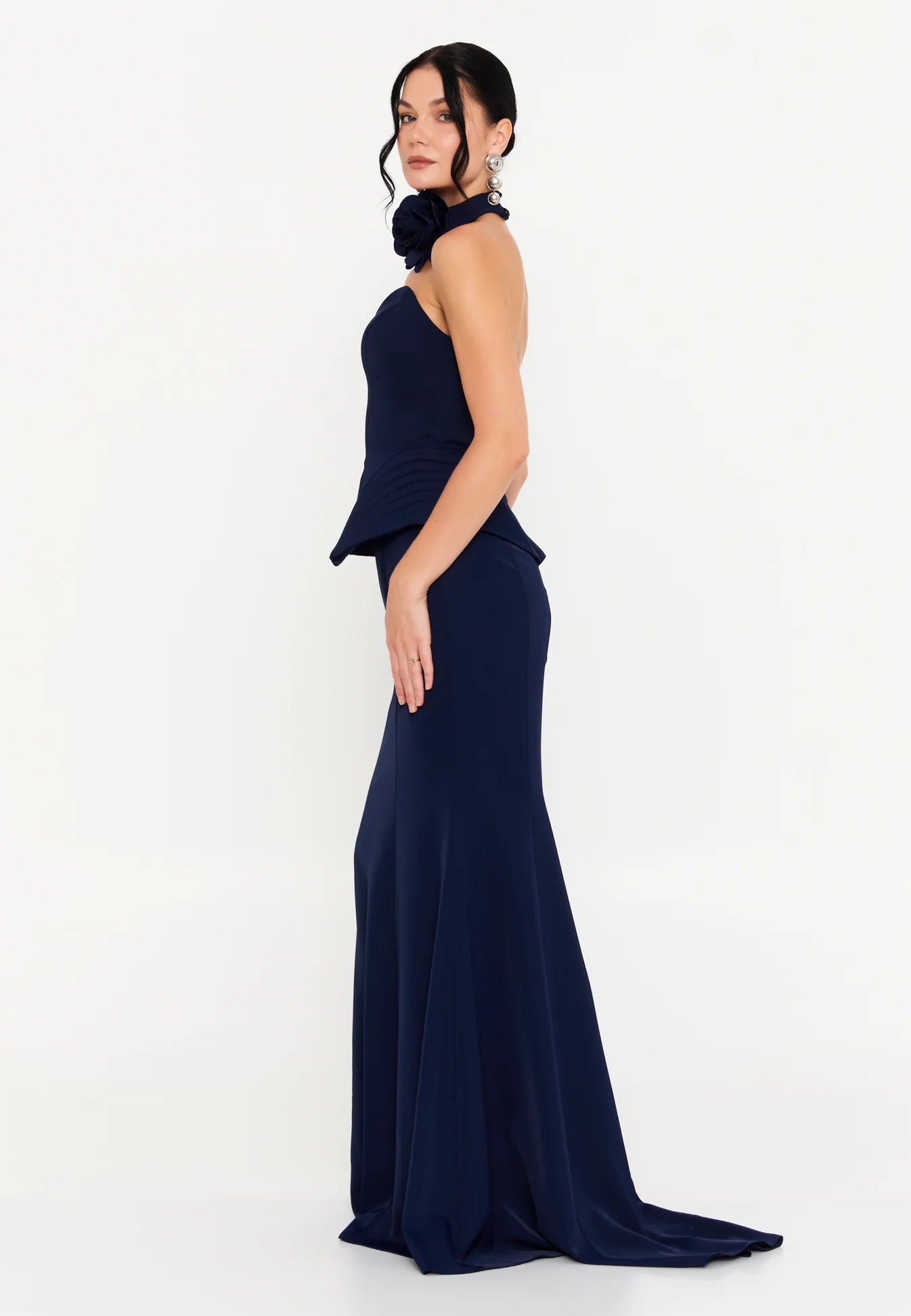 Long navy strapless evening dress with neck flower and waist ruffle