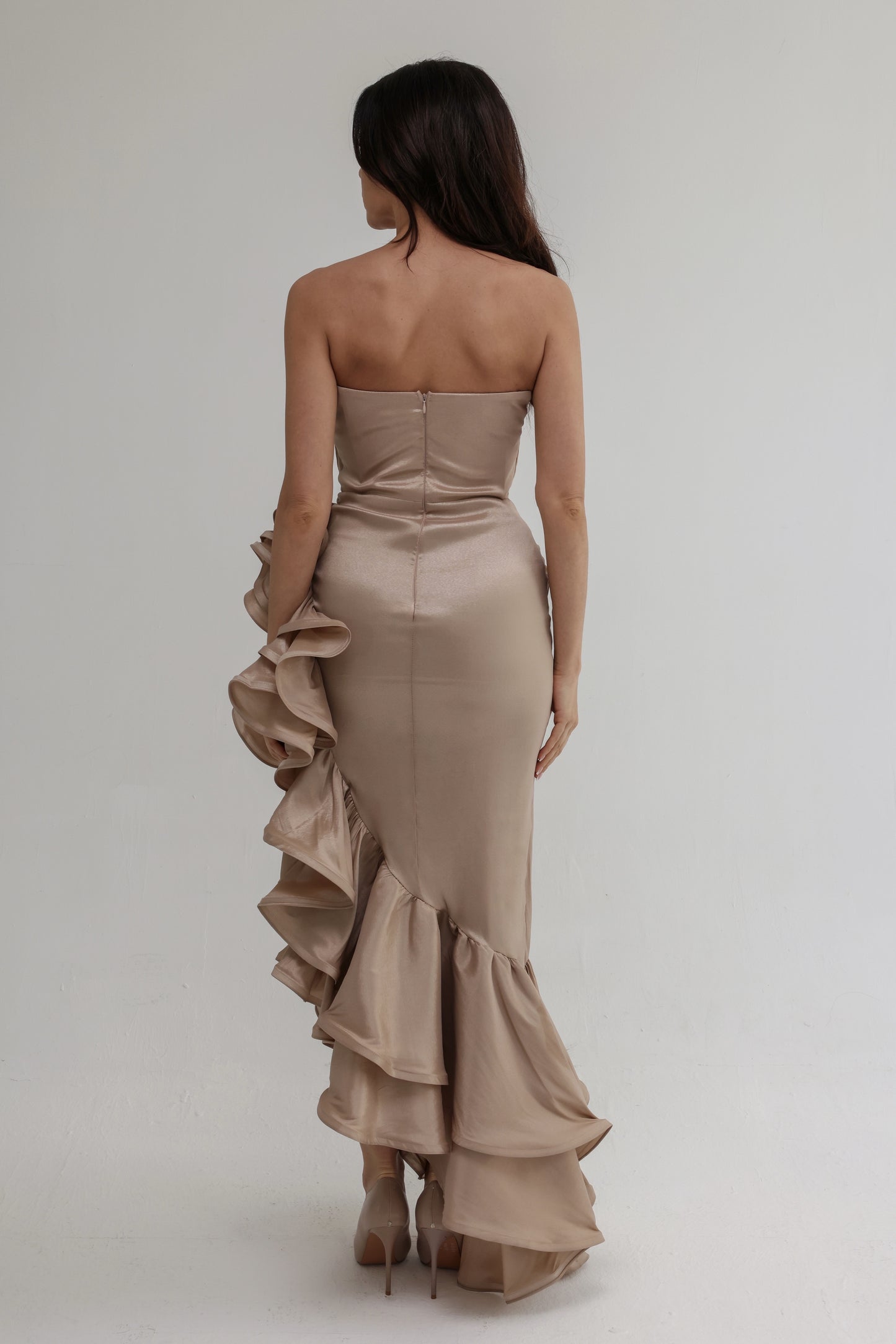 Strapless Gold Corset Dress with Side Ruffles