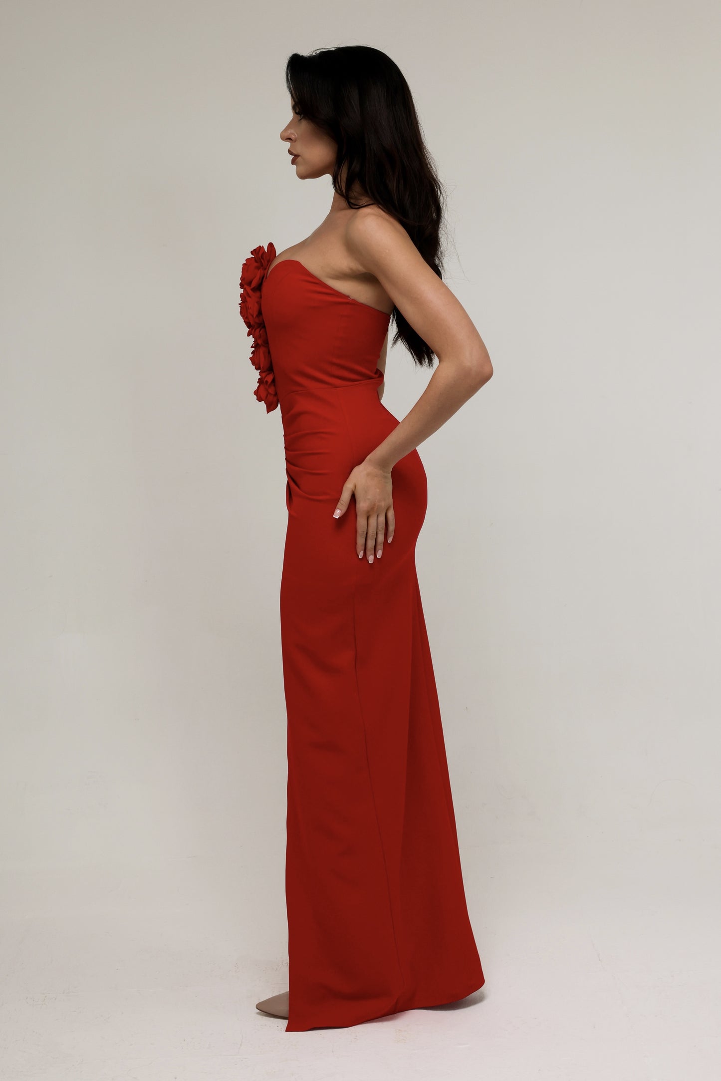 Red Strapless Dress with 3D Floral Detail
