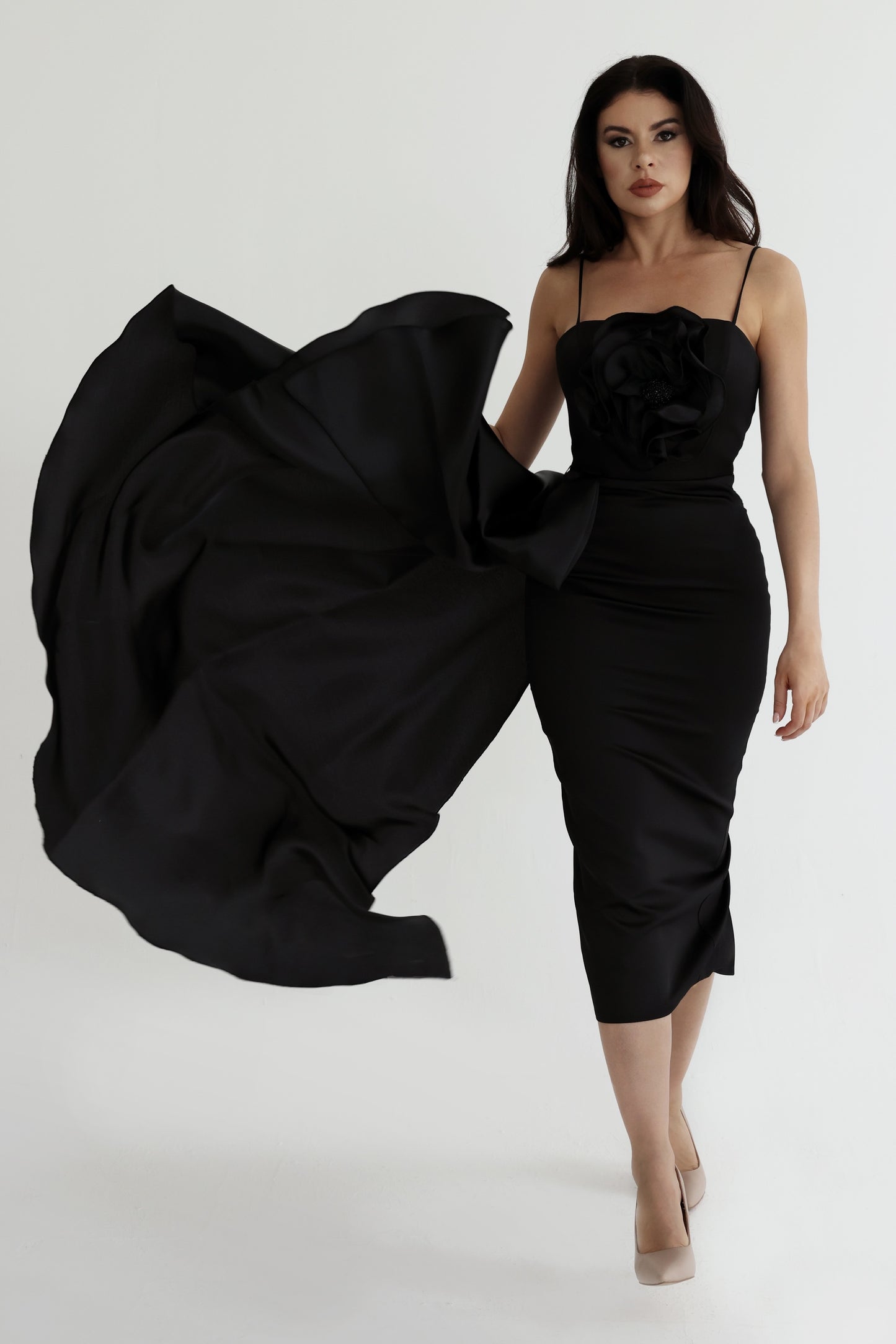 Black Dress with Floral Detail and Side Drape