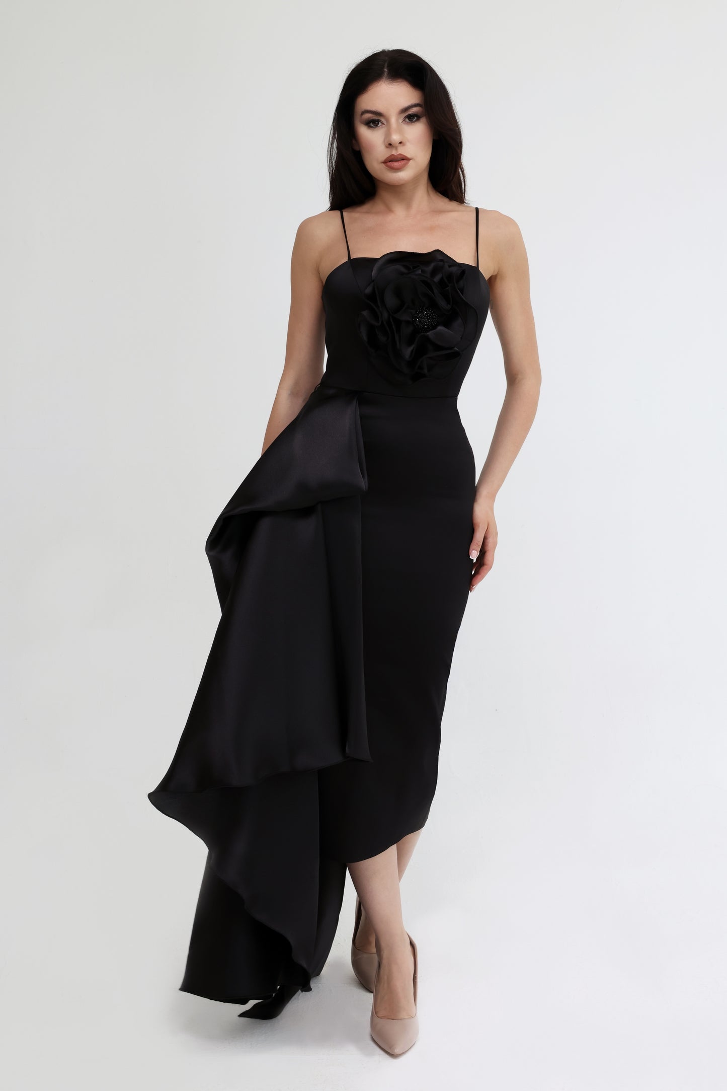 Black Dress with Floral Detail and Side Drape