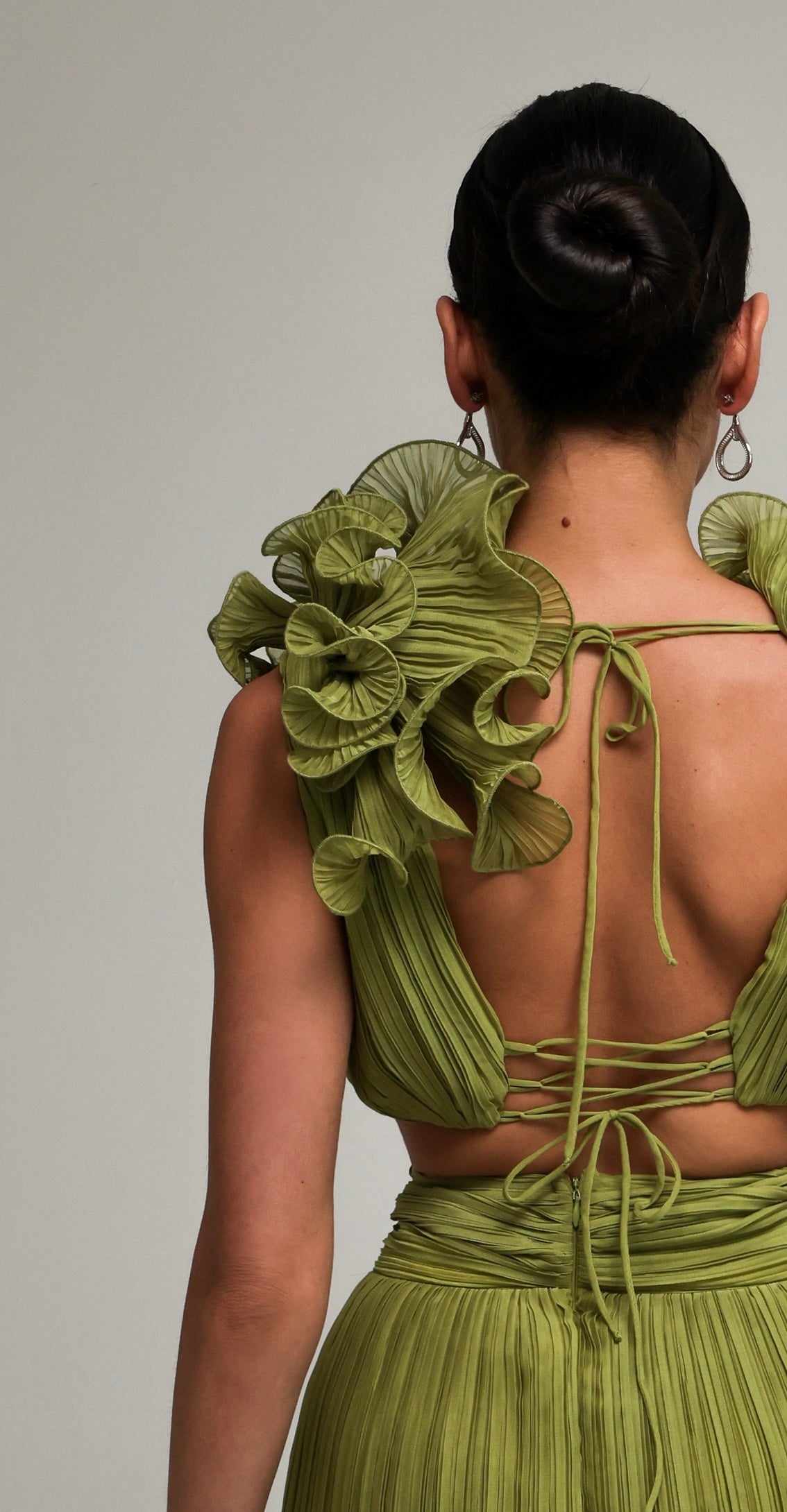 Pistachio Crepe Chiffon Dress with All-Over Ruffles and Front Slits