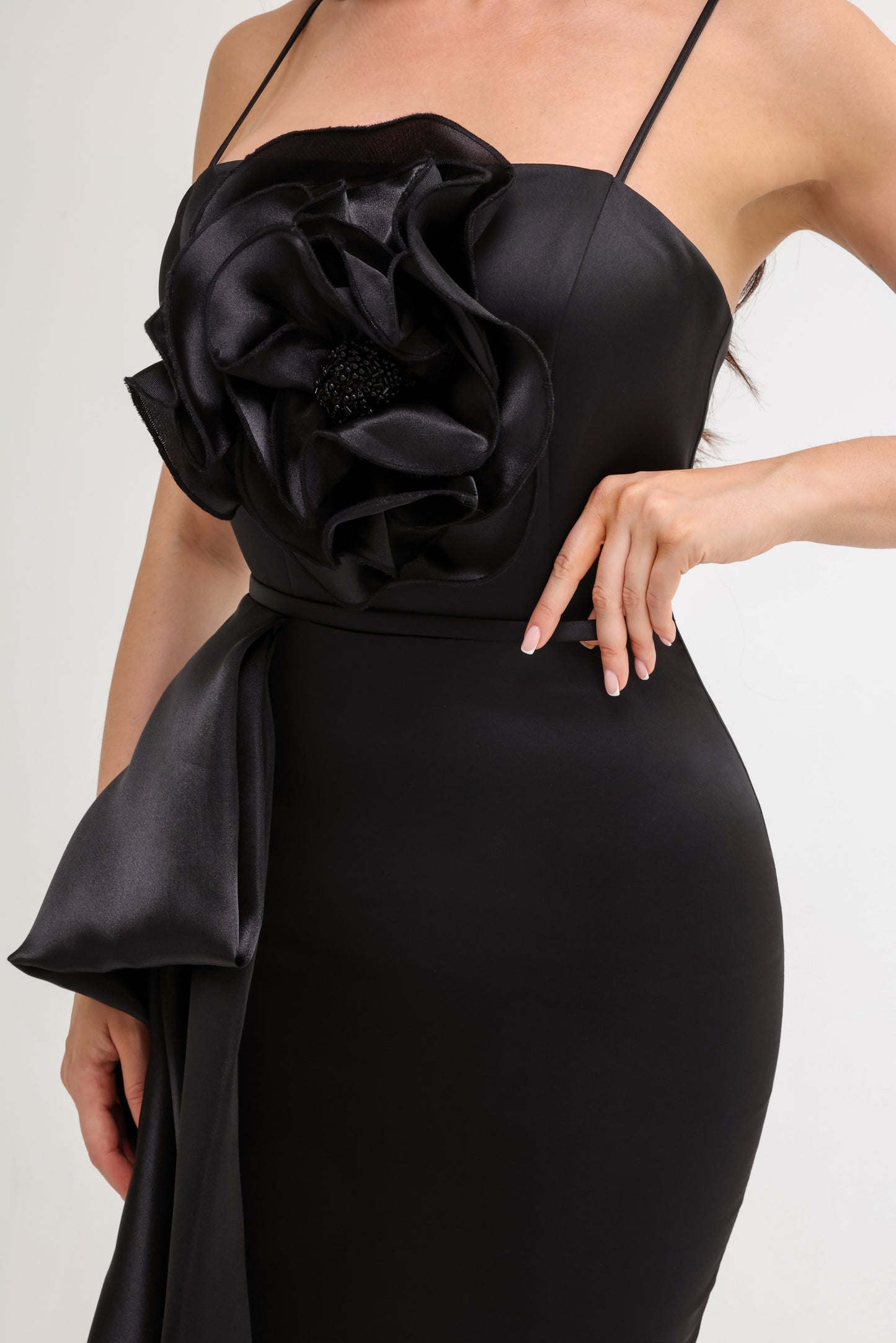 Black Dress with Floral Detail and Side Drape