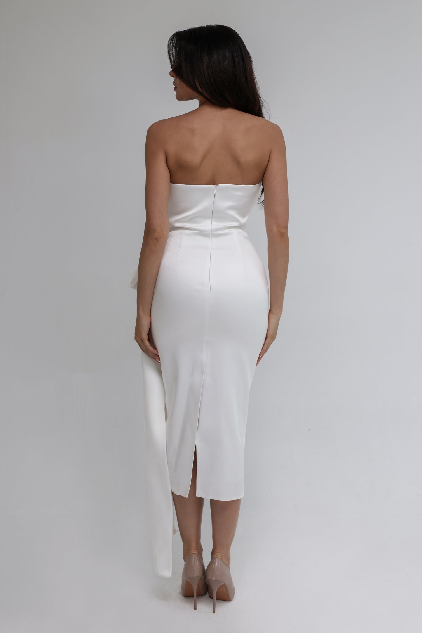 White Strapless Dress with Beaded Bodice and Side Drape