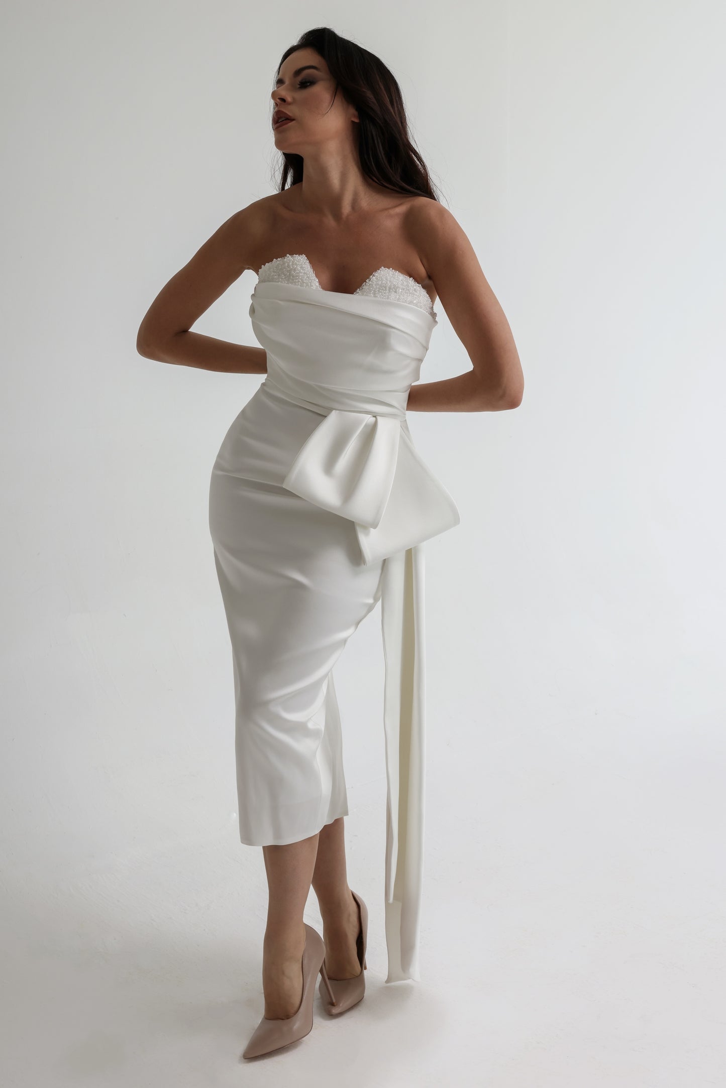 White Strapless Dress with Beaded Bodice and Side Drape