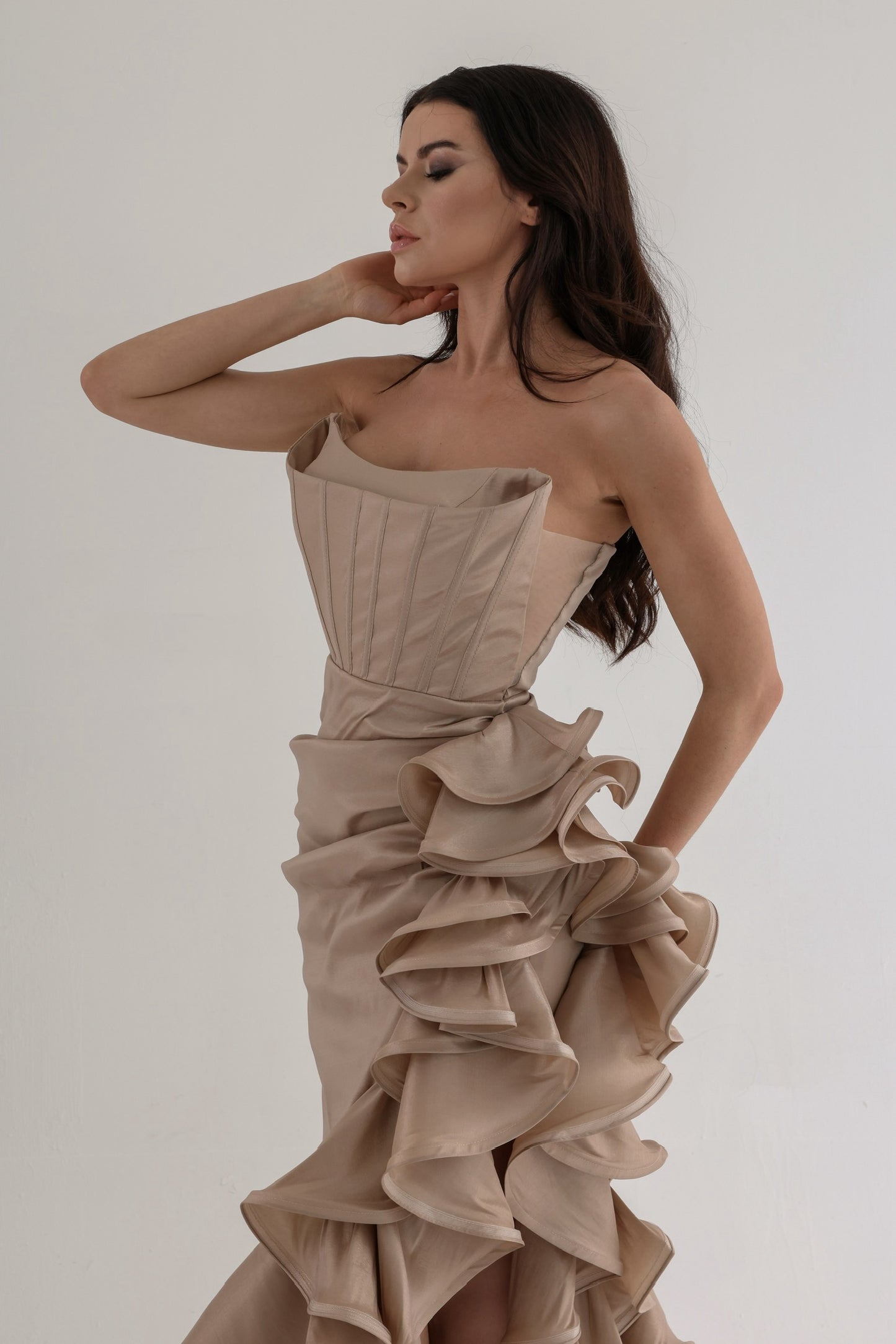 Strapless Gold Corset Dress with Side Ruffles