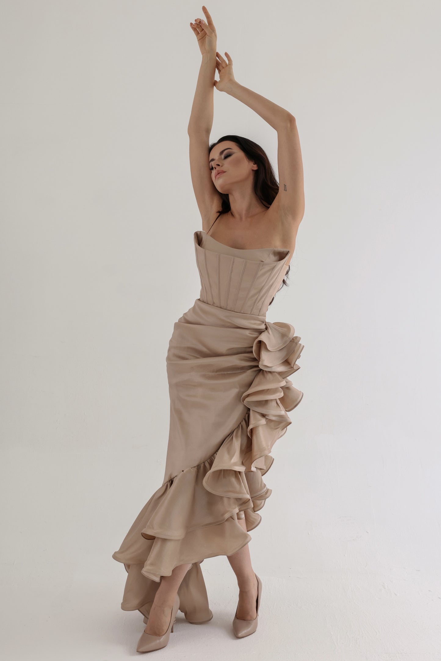 Strapless Gold Corset Dress with Side Ruffles