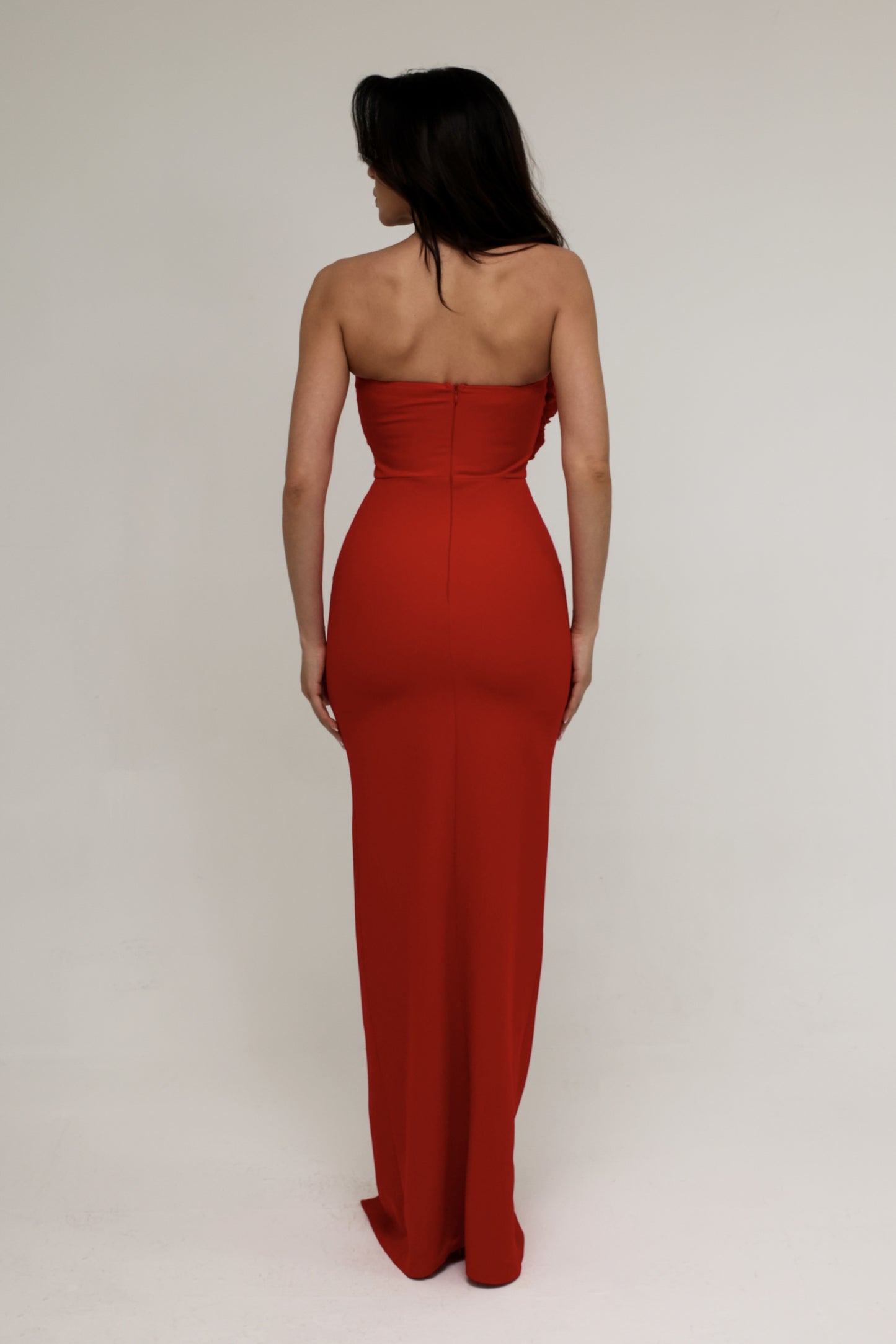 Red Strapless Dress with 3D Floral Detail