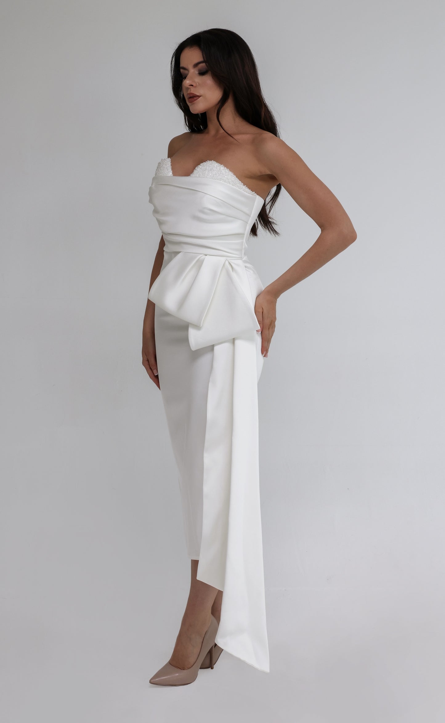 White Strapless Dress with Beaded Bodice and Side Drape