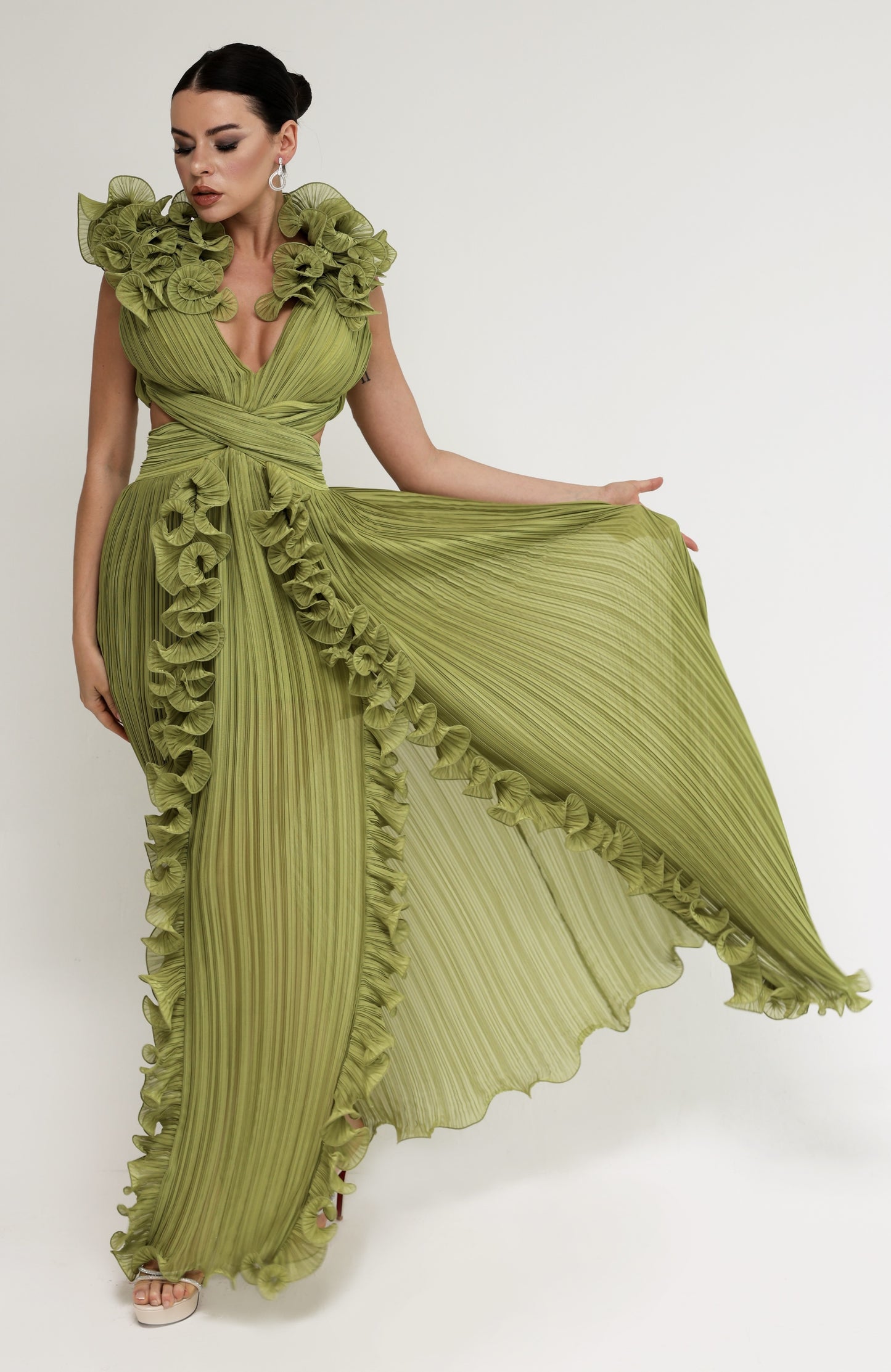 Pistachio Crepe Chiffon Dress with All-Over Ruffles and Front Slits