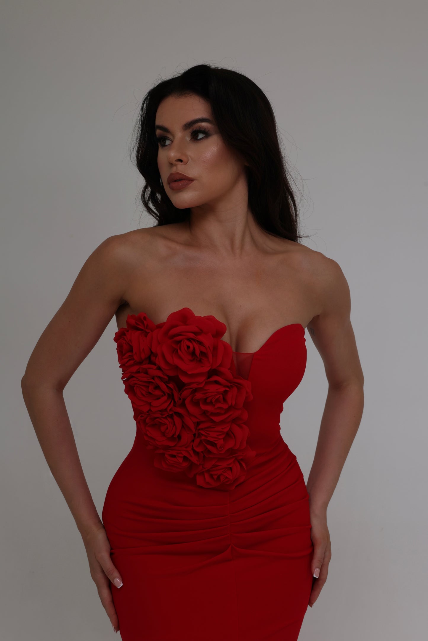 Red Strapless Dress with 3D Floral Detail