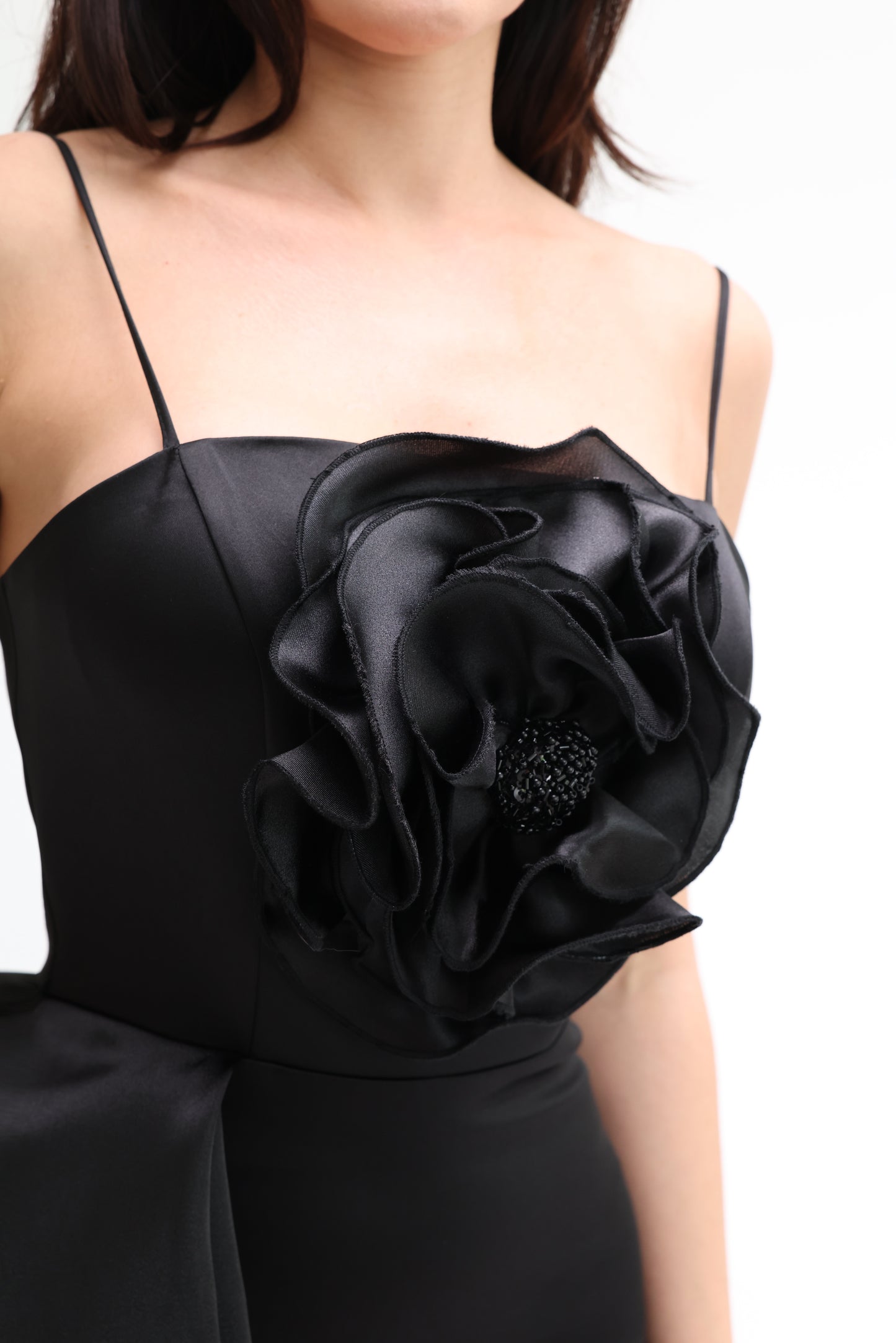 Black Dress with Floral Detail and Side Drape