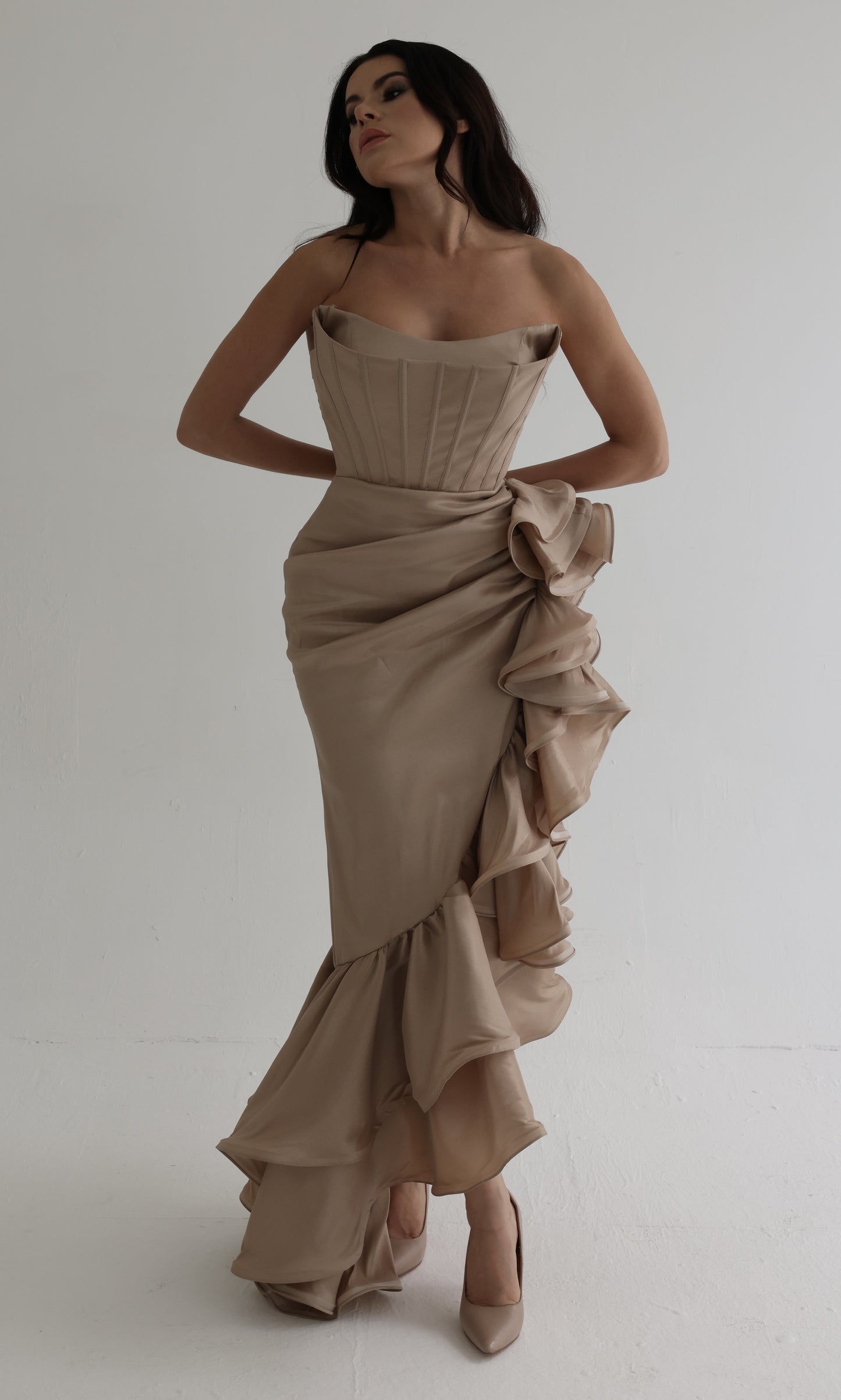 Strapless Gold Corset Dress with Side Ruffles