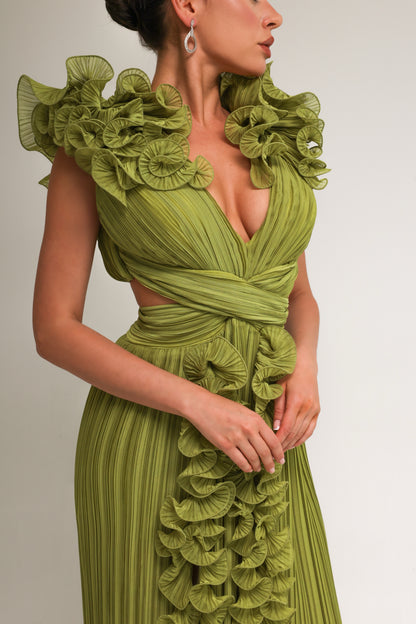 Pistachio Crepe Chiffon Dress with All-Over Ruffles and Front Slits