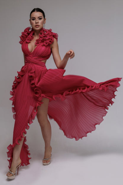 Fushsia Crepe Chiffon Dress with All-Over Ruffles and Front Slits