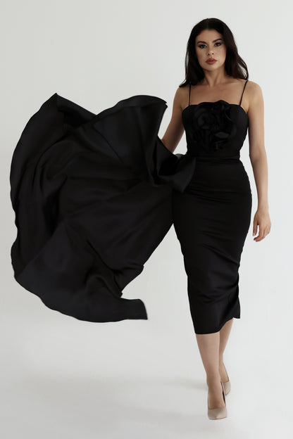 Black Dress with Floral Detail and Side Drape