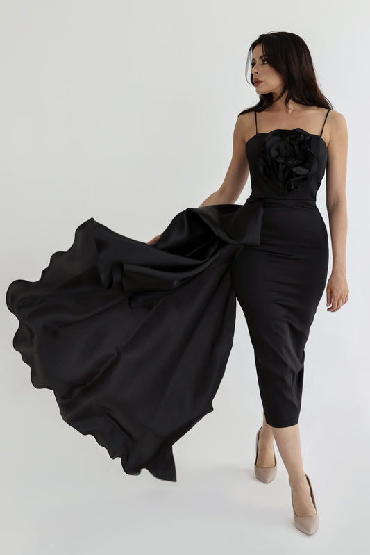 Black Dress with Floral Detail and Side Drape