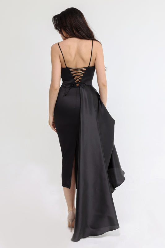 Black Dress with Floral Detail and Side Drape