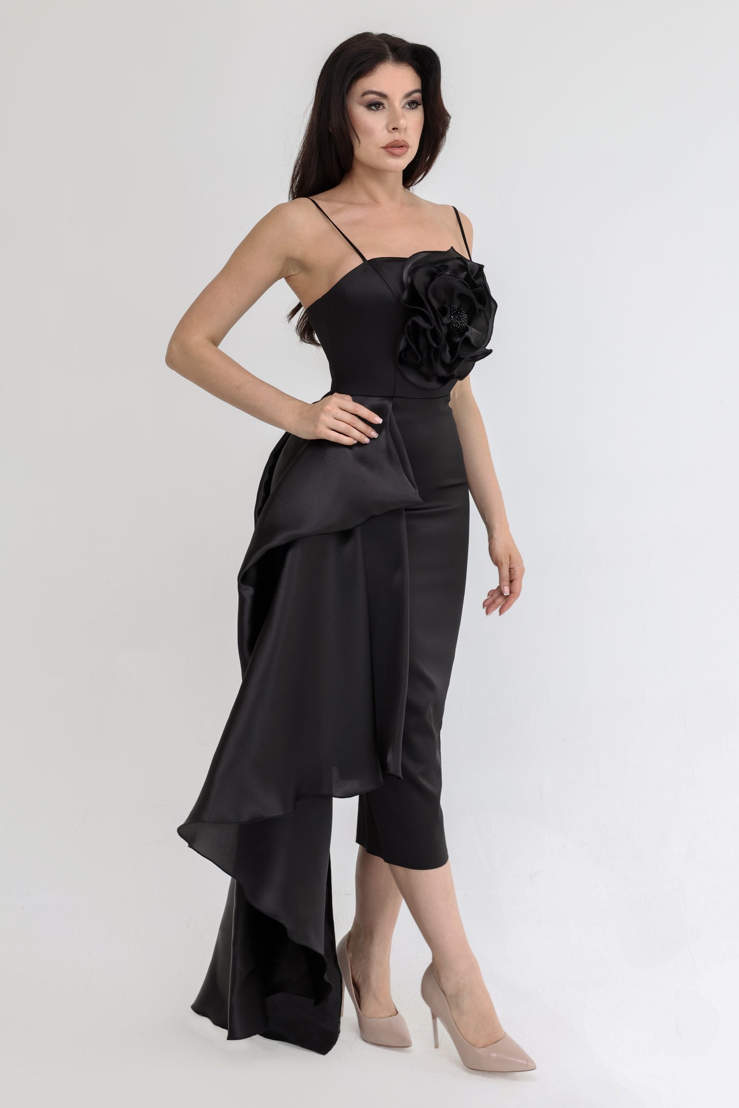 Black Dress with Floral Detail and Side Drape