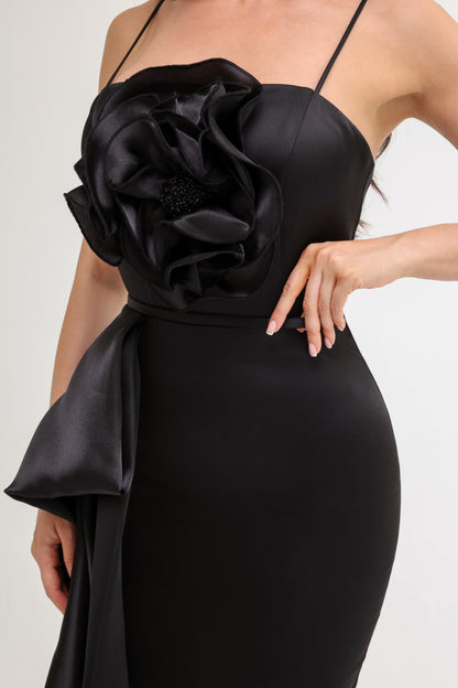 Black Dress with Floral Detail and Side Drape