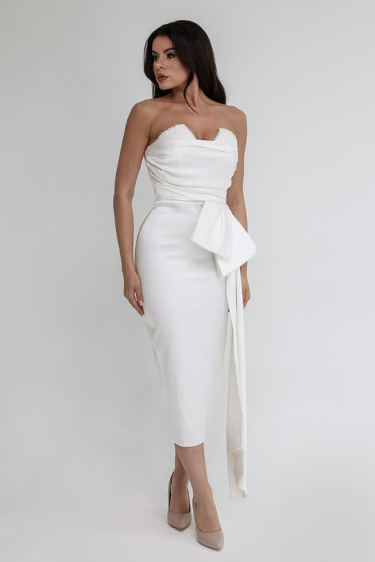 White Strapless Dress with Beaded Bodice and Side Drape