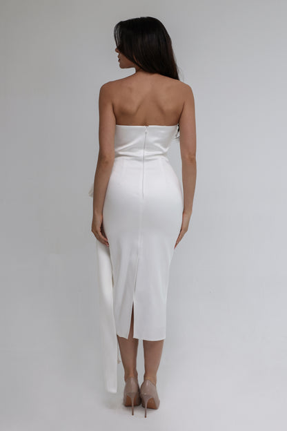 White Strapless Dress with Beaded Bodice and Side Drape