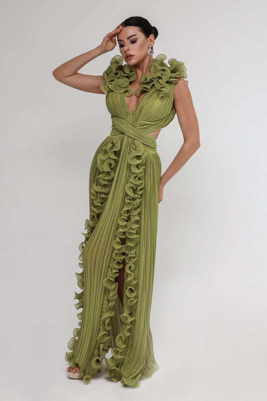 Pistachio Crepe Chiffon Dress with All-Over Ruffles and Front Slits