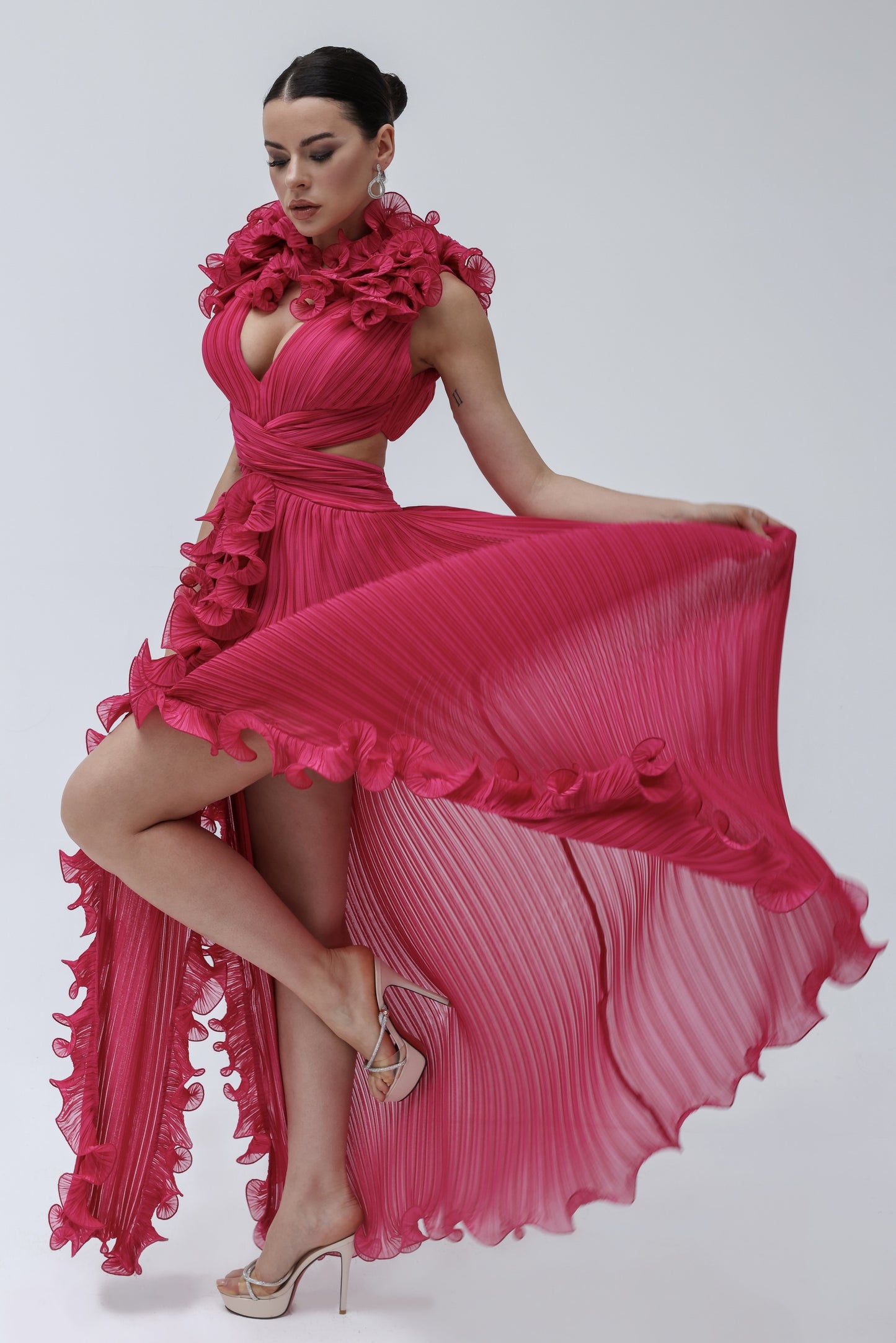 Fushsia Crepe Chiffon Dress with All-Over Ruffles and Front Slits