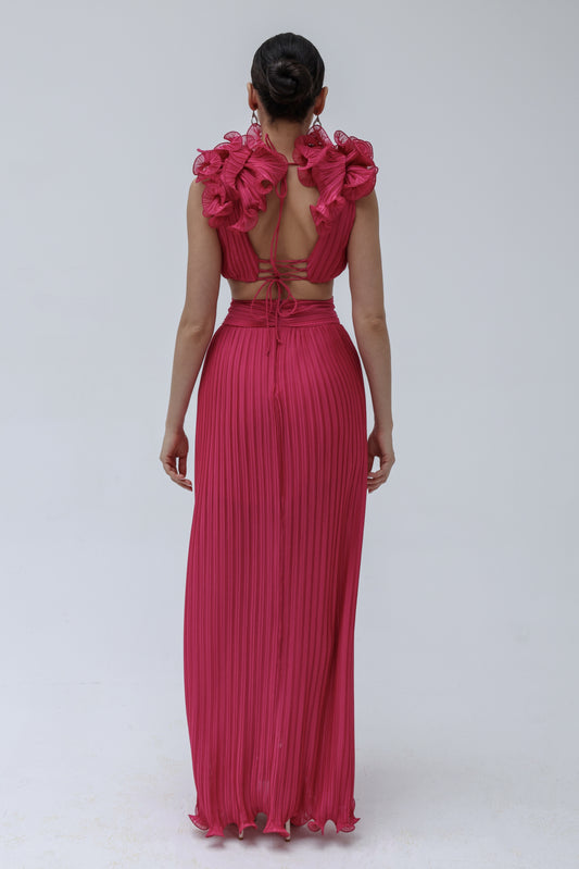 Fushsia Crepe Chiffon Dress with All-Over Ruffles and Front Slits