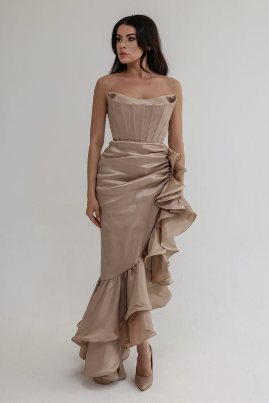 Strapless Gold Corset Dress with Side Ruffles