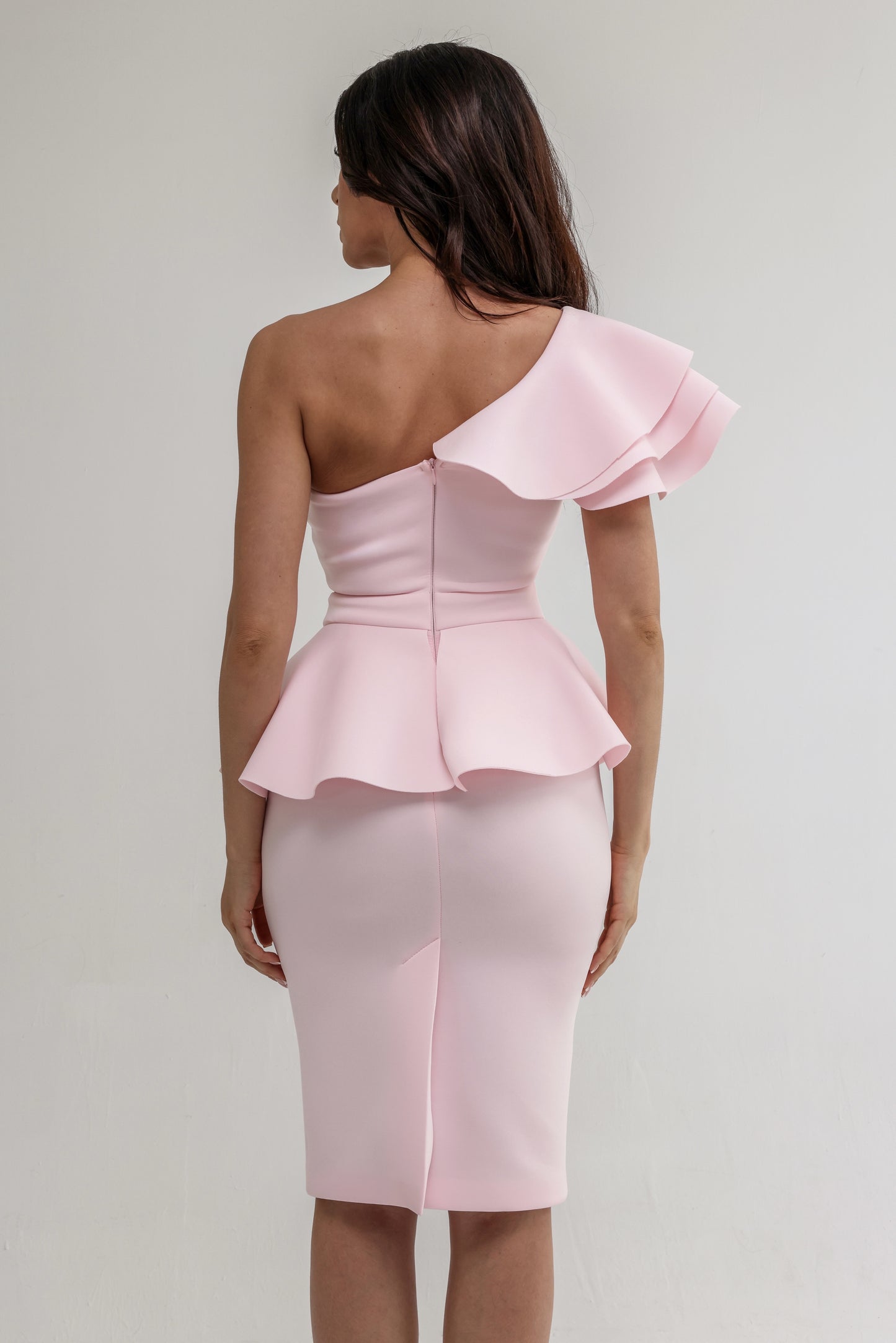 One-Shoulder Fitted Dress with Ruffle Detail in Blush Pink
