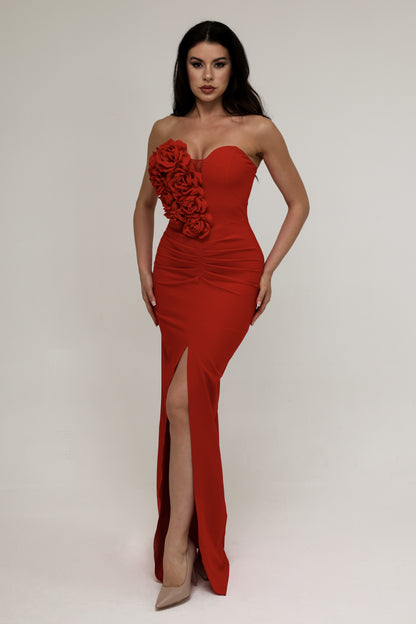 Red Strapless Dress with 3D Floral Detail