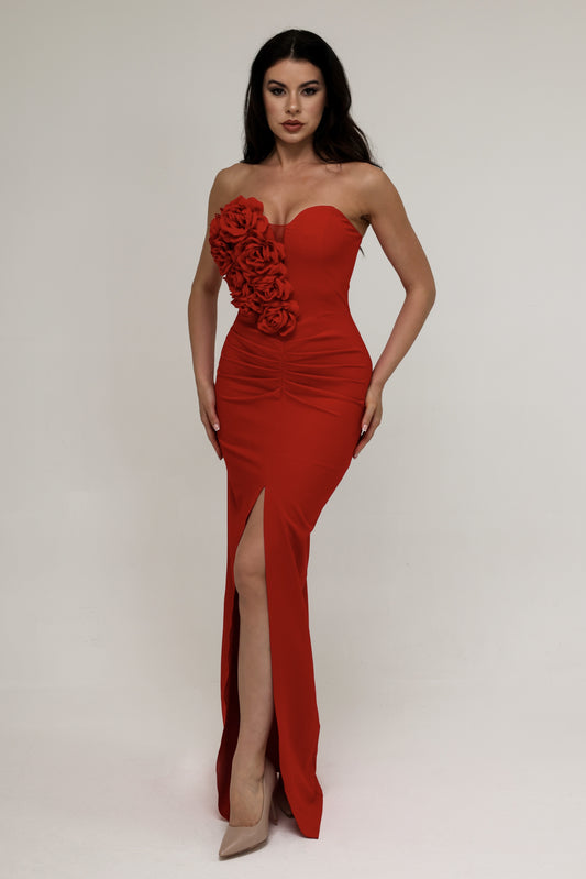 Red Strapless Dress with 3D Floral Detail