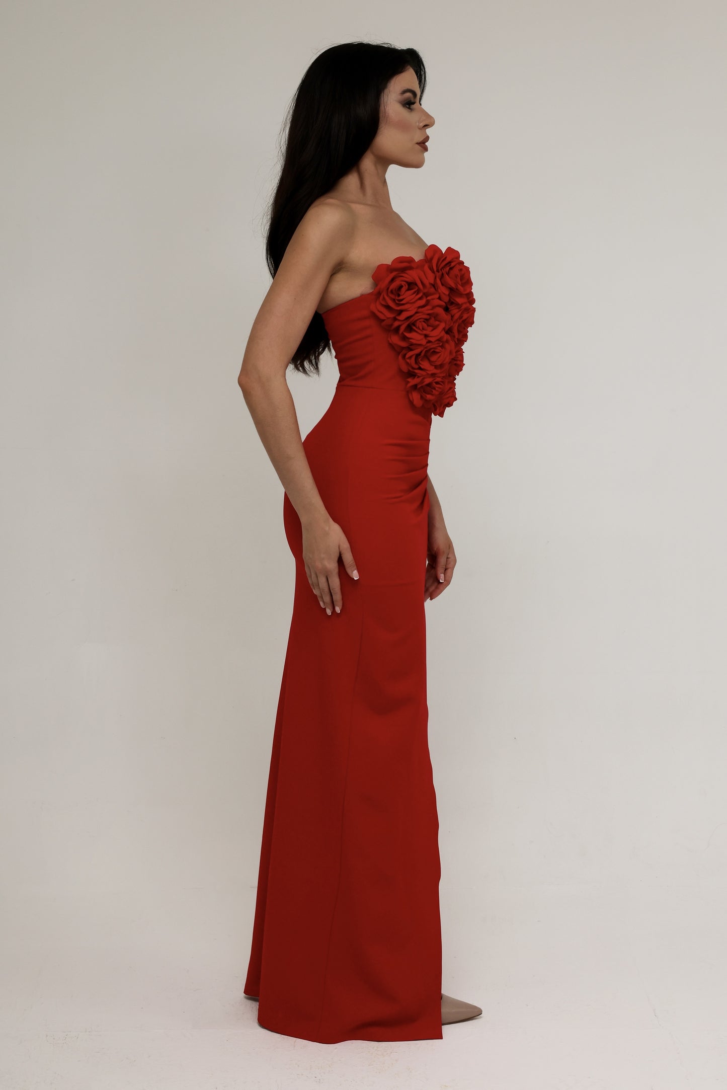 Red Strapless Dress with 3D Floral Detail