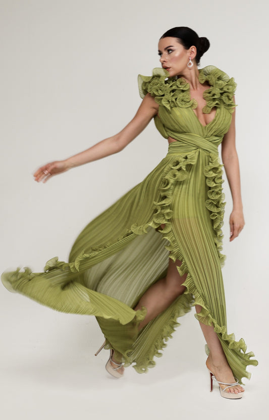 Pistachio Crepe Chiffon Dress with All-Over Ruffles and Front Slits
