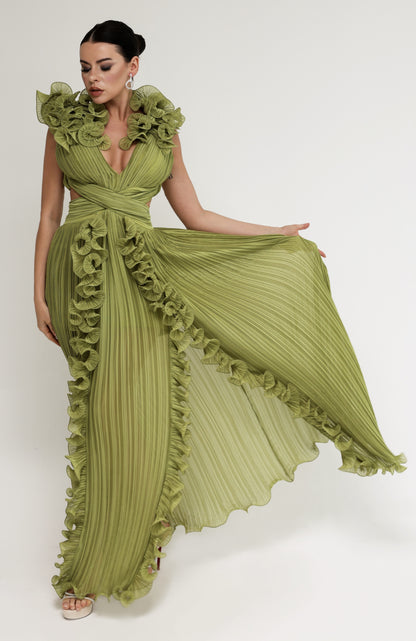 Pistachio Crepe Chiffon Dress with All-Over Ruffles and Front Slits