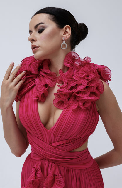 Fushsia Crepe Chiffon Dress with All-Over Ruffles and Front Slits