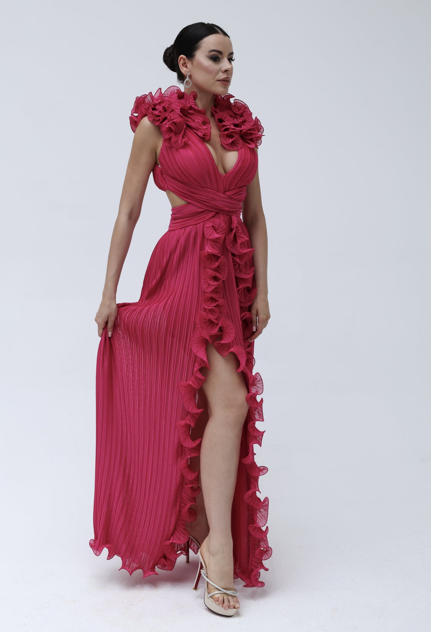 Fushsia Crepe Chiffon Dress with All-Over Ruffles and Front Slits
