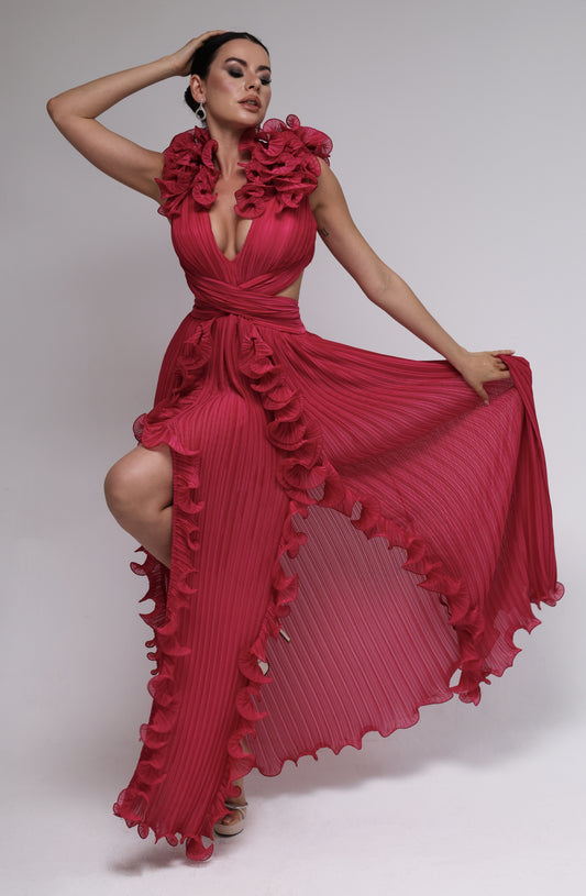 Fushsia Crepe Chiffon Dress with All-Over Ruffles and Front Slits